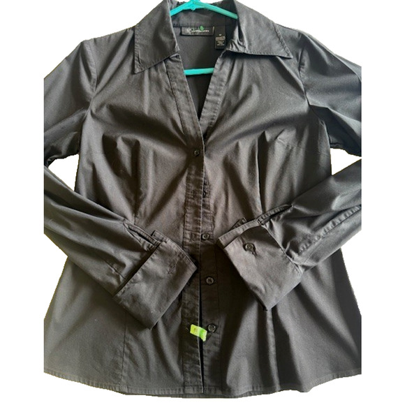 INC Black Long Sleeve Fitted Stretch Button Up Shirt French Cuffs Blouse sz 10 - Picture 2 of 8